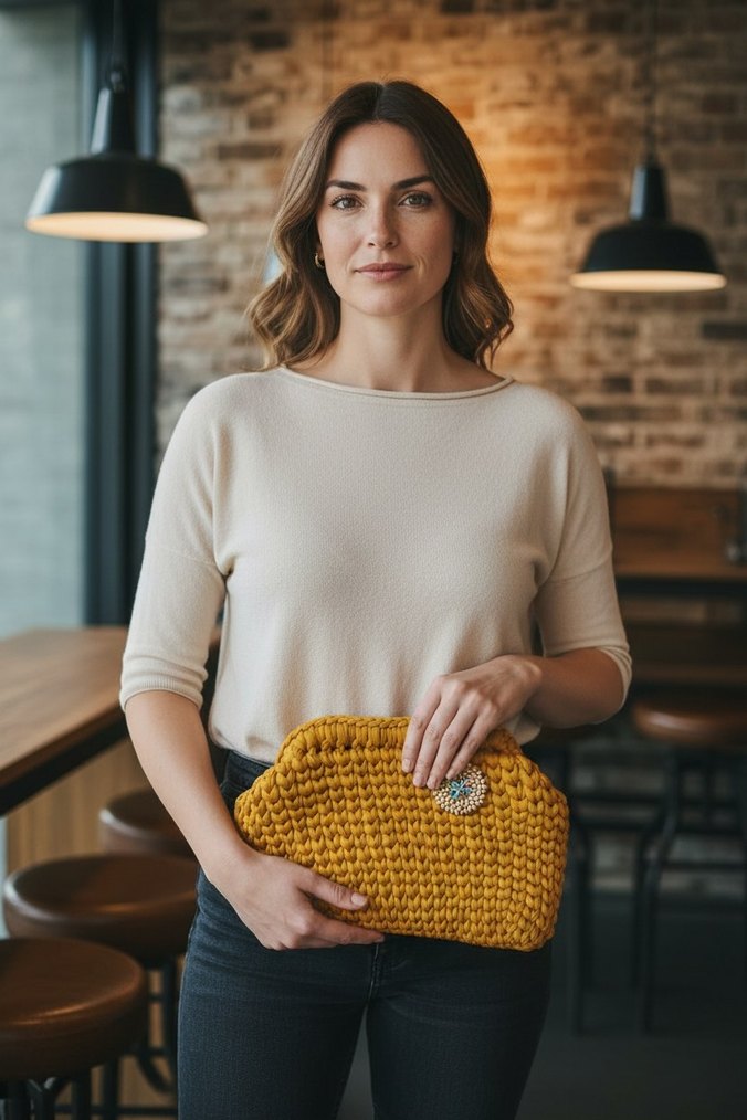 Sarı Kumas Örgü Bohem Kadın Çanta - Görsel 3