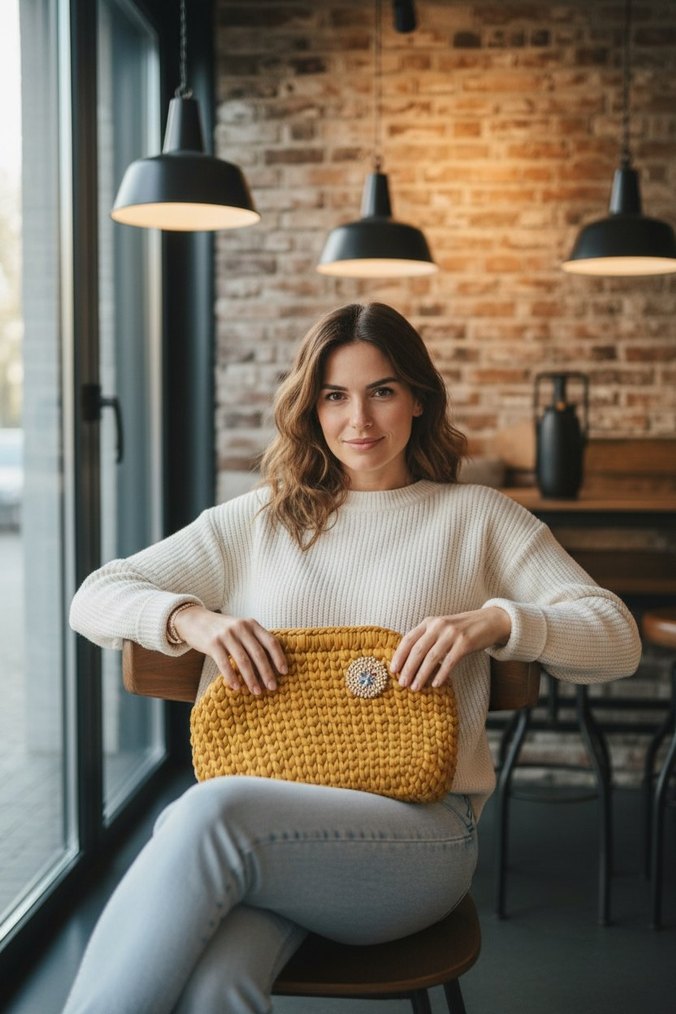 Sarı Kumas Örgü Bohem Kadın Çanta - Görsel 4