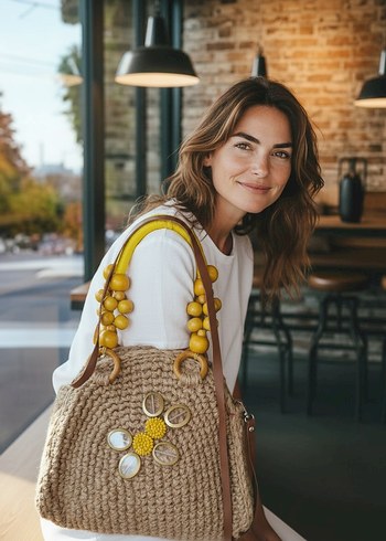 Boncuk ve Nakış Detaylı Hasır Örgü Bohem Çanta - Görsel 2