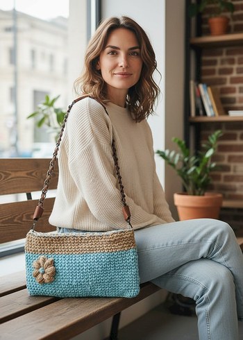 Hasır Örgü Mavi Bohem Kadın Çanta - Görsel 2