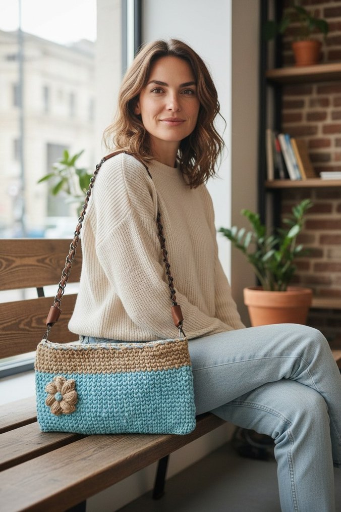 Hasır Örgü Mavi Bohem Kadın Çanta - Görsel 2