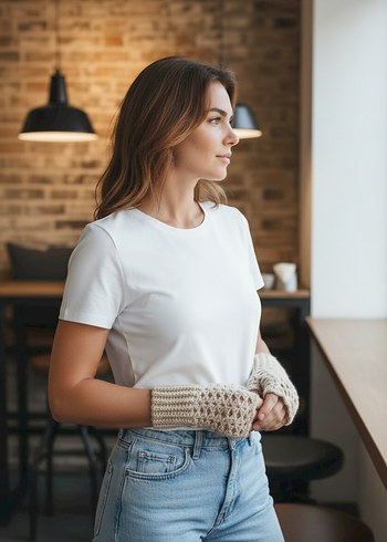 Bej Örgü Bohem Parmaksız Kadın Eldivenleri - Görsel 2