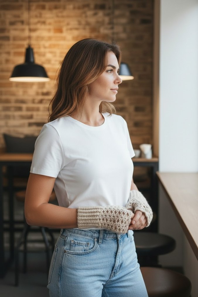 Bej Örgü Bohem Parmaksız Kadın Eldivenleri - Görsel 2