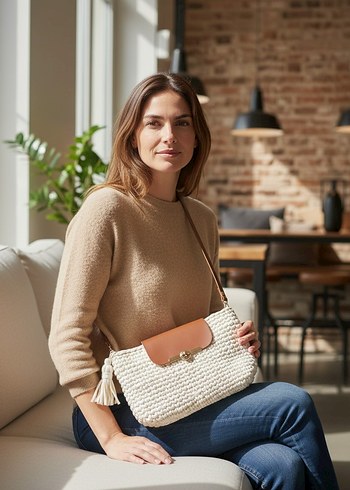 Bej Örgü Kumaş Kadın Çanta - Görsel 3