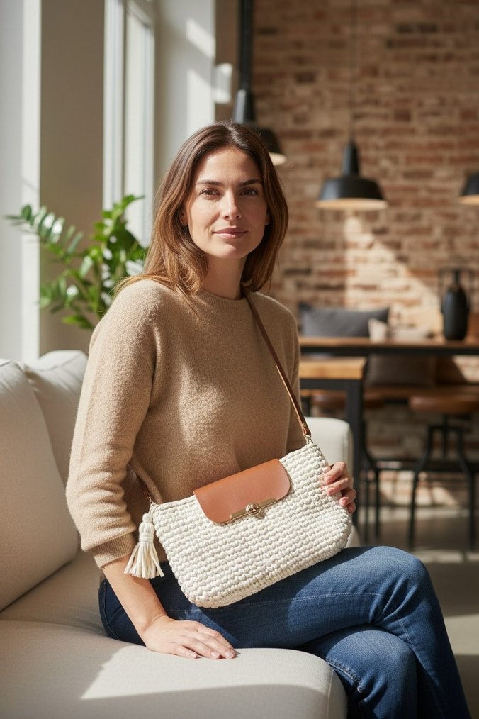 Bej Örgü Kumaş Kadın Çanta - Görsel 3