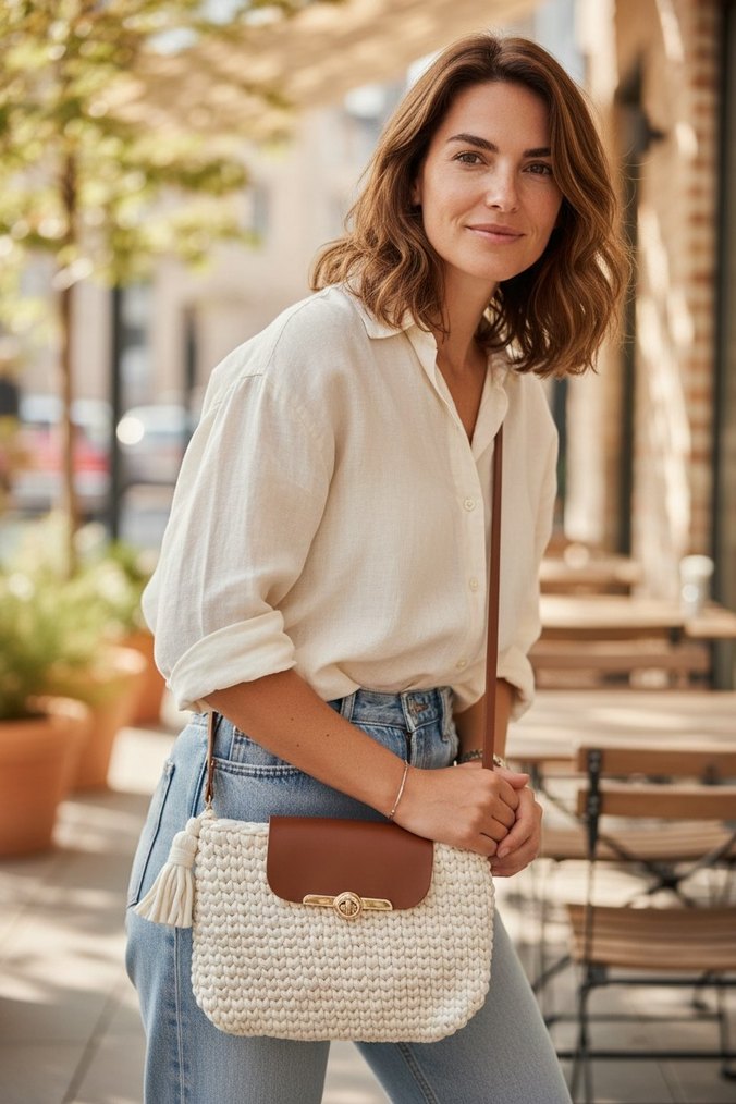 Bej Örgü Kumaş Kadın Çanta - Görsel 2