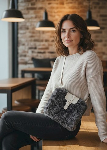 Gri Teddy Kadın Kürklü Omuz Çantası - Görsel 3