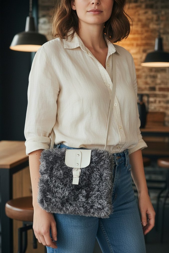 Gri Teddy Kadın Kürklü Omuz Çantası - Görsel 2