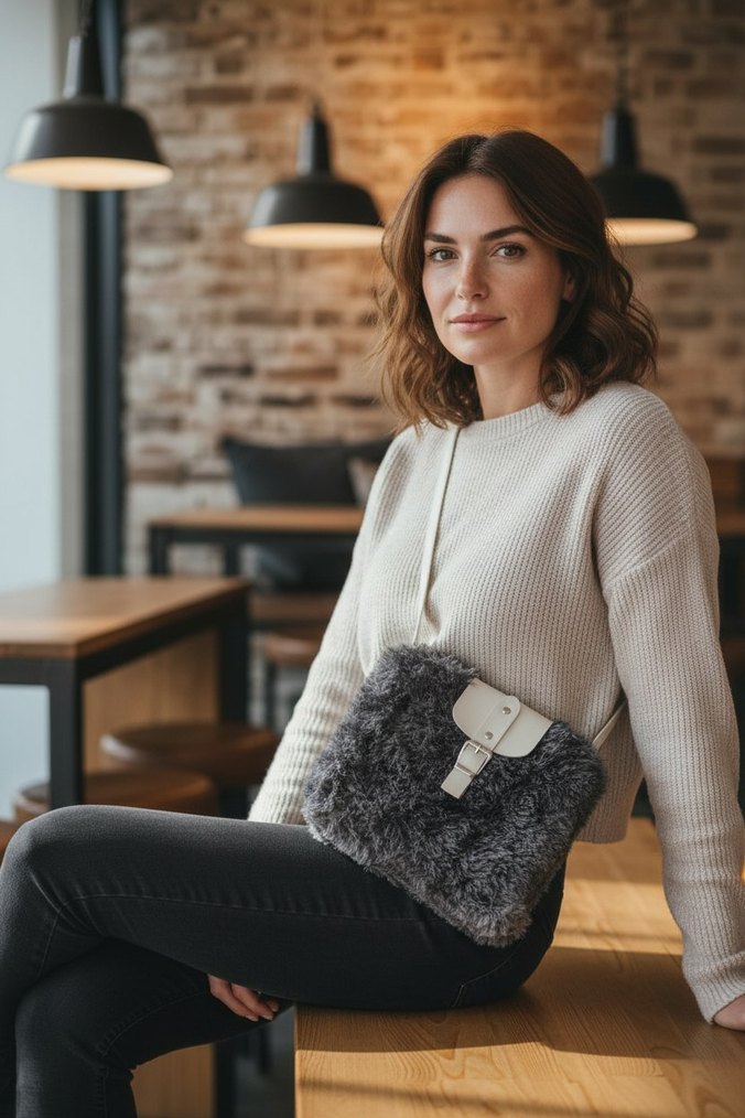 Gri Teddy Kadın Kürklü Omuz Çantası - Görsel 3