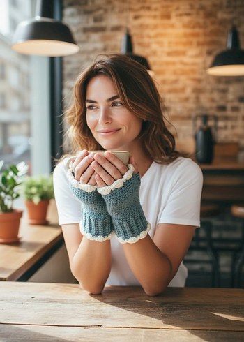 Örgü Kadın Eldiveni, Parmaksız, Mavi-Beyaz - Görsel 2