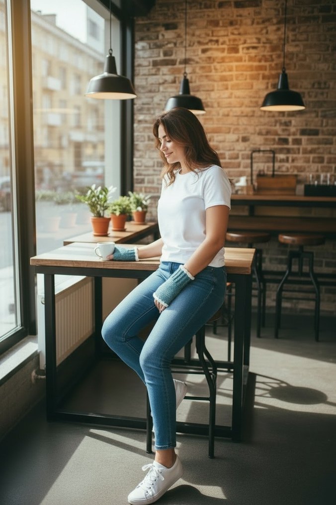 Örgü Kadın Eldiveni, Parmaksız, Mavi-Beyaz - Görsel 3