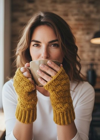 Örgü Sarı Kadın Eldiven - Görsel 2