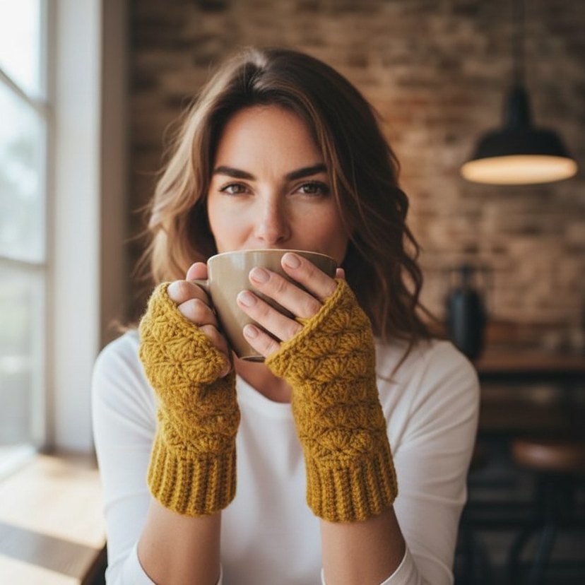 Örgü Sarı Kadın Eldiven - Görsel 2