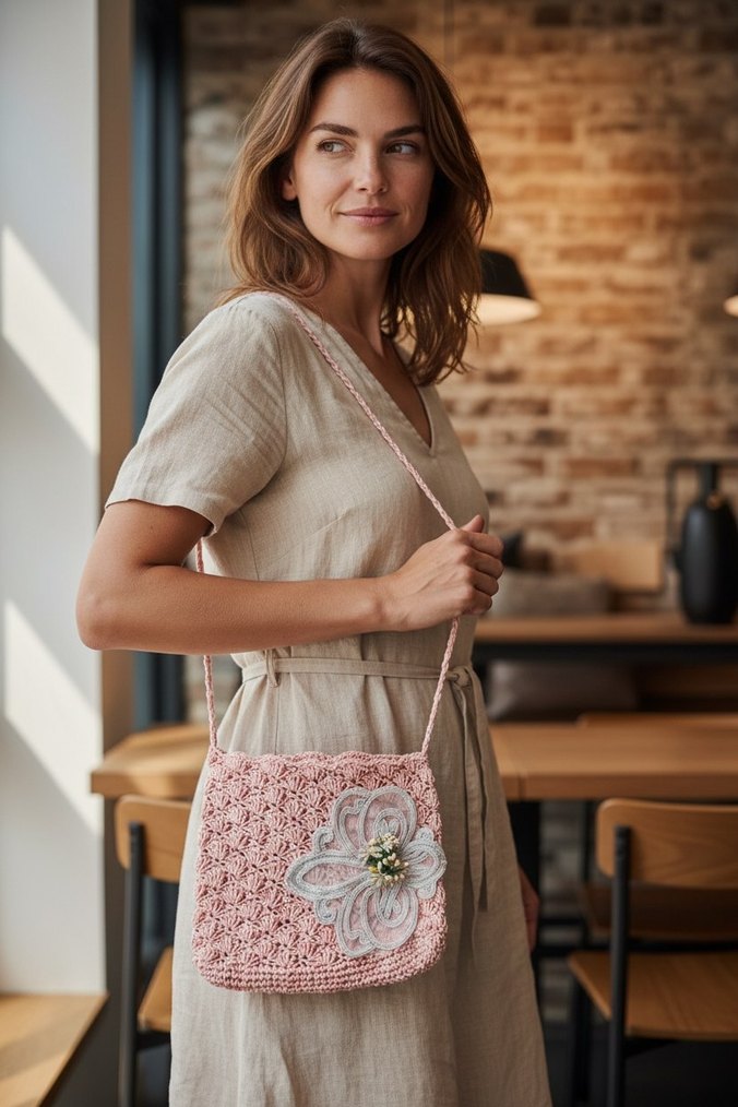 Dantel İşlemeli Hasır Örgü Bohem Kadın Çanta - Görsel 4