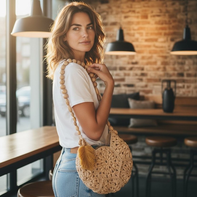 Püsküllü Bej Hasır Örgü Bohem Çanta - Görsel 2