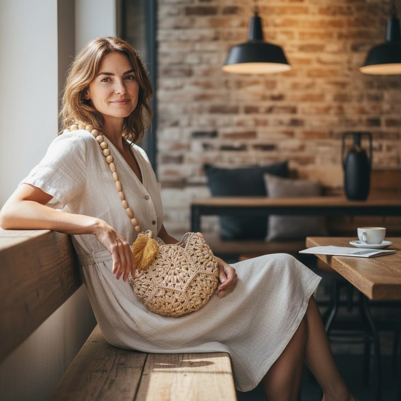 Püsküllü Bej Hasır Örgü Bohem Çanta - Görsel 4