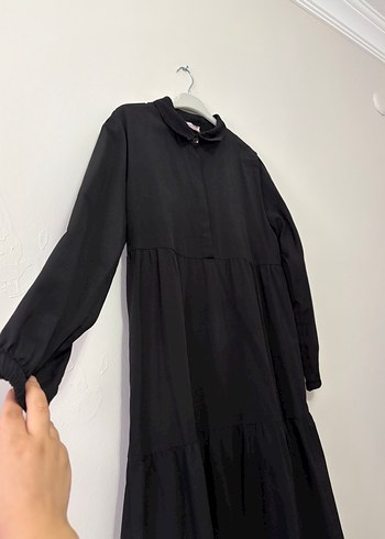 42 Beden siyah Renk Uzun Siyah Keten Elbise, Fırfırlı, Bol Kesim