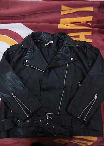Derimod Siyah Deri Biker Ceket, Oversize Kesim