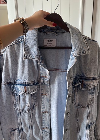 Gri Düğmeli Salaş Kadın Denim Ceket