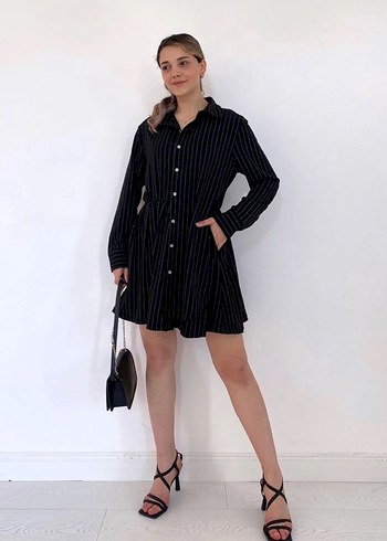 M Beden Siyah Çizgili  Elbise - Görsel 2