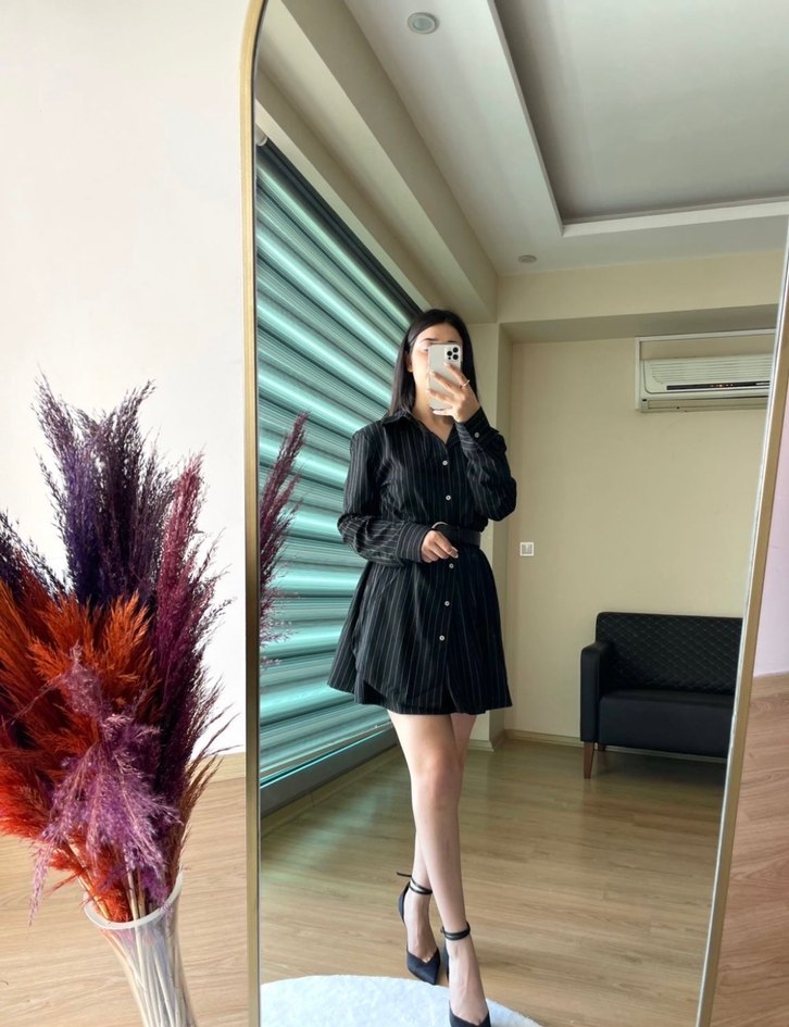 M Beden Siyah Çizgili  Elbise - Görsel 3