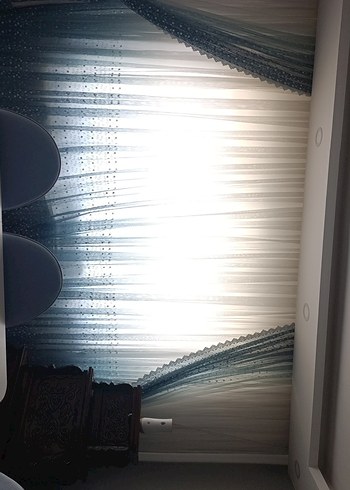Taç Mavi Bağlama Desenli Tül Perde