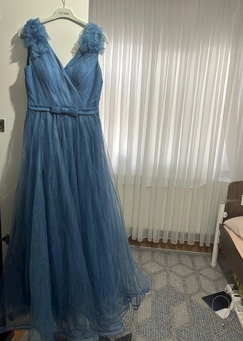 Mavi V Yaka Uzun Abiye Elbise - Görsel 2