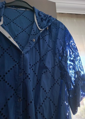 Düğmeli Mavi Nakışlı Bohem Hamile Bluzu - Görsel 3