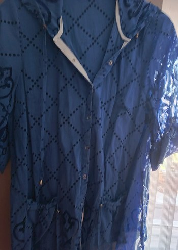 Düğmeli Mavi Nakışlı Bohem Hamile Bluzu - Görsel 2