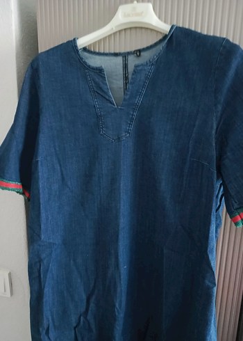 V Yaka Kısa Kollu Mavi Midi Kot Elbise - Görsel 3