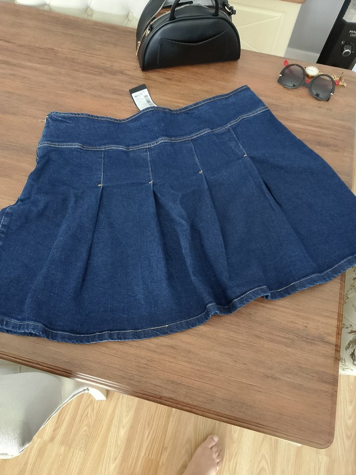 Mavi Pileli Denim Mini Etek - Görsel 3