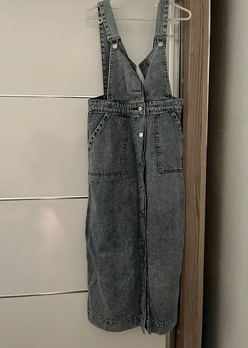 Gri Kot Midi Askılı Tulum - Görsel 2