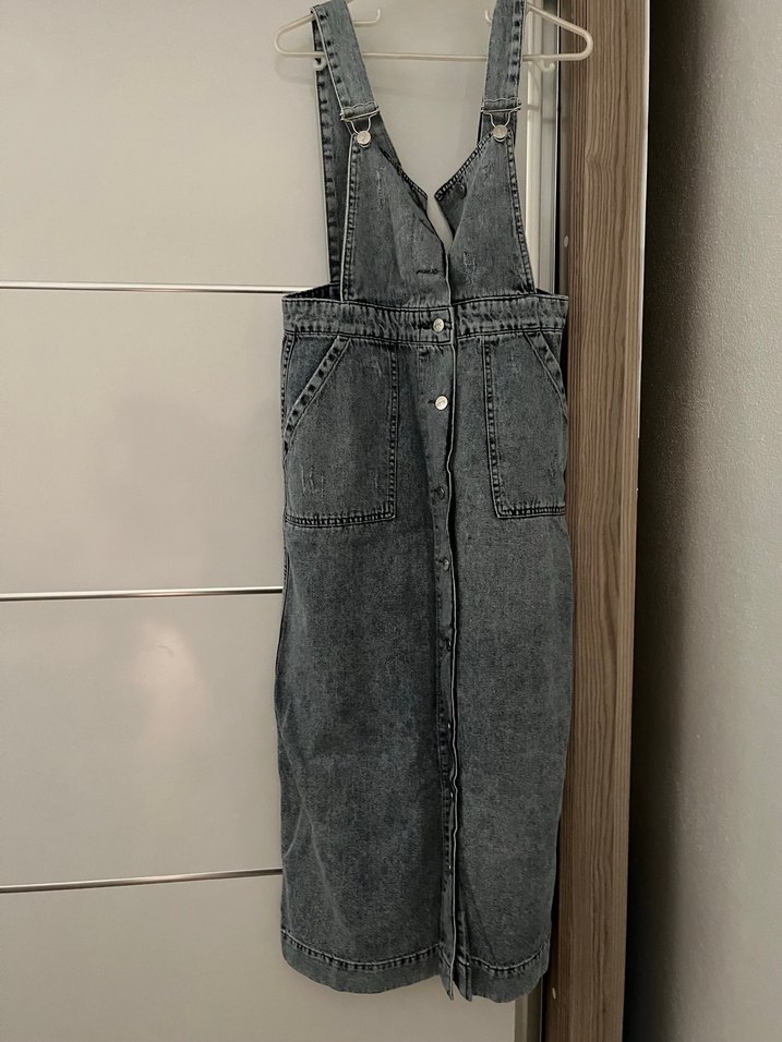 Gri Kot Midi Askılı Tulum - Görsel 2