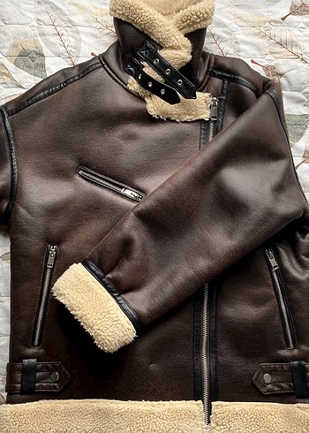 Kahverengi Kürklü Biker Deri Ceket - Görsel 2
