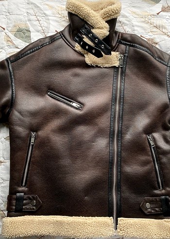 Kahverengi Kürklü Biker Deri Ceket - Görsel 3