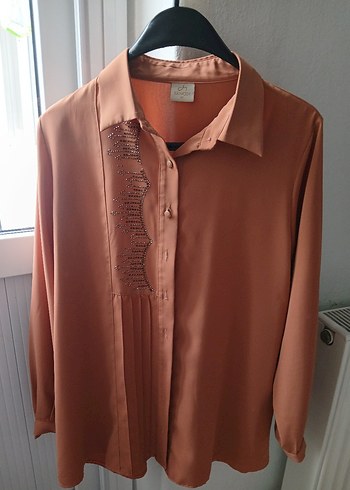 Düğmeli, Uzun Kollu, Saten Bej Kadın Gömlek - Görsel 2