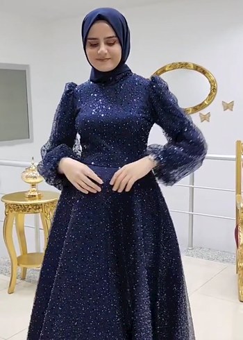 38 Beden Parlak Mavi Uzun Kollu Abiye Elbise