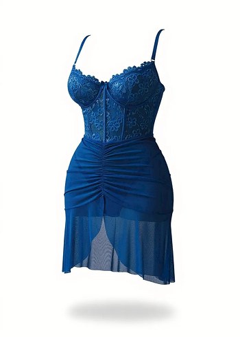 Nakışlı Lacivert Strappy Mini Gecelik