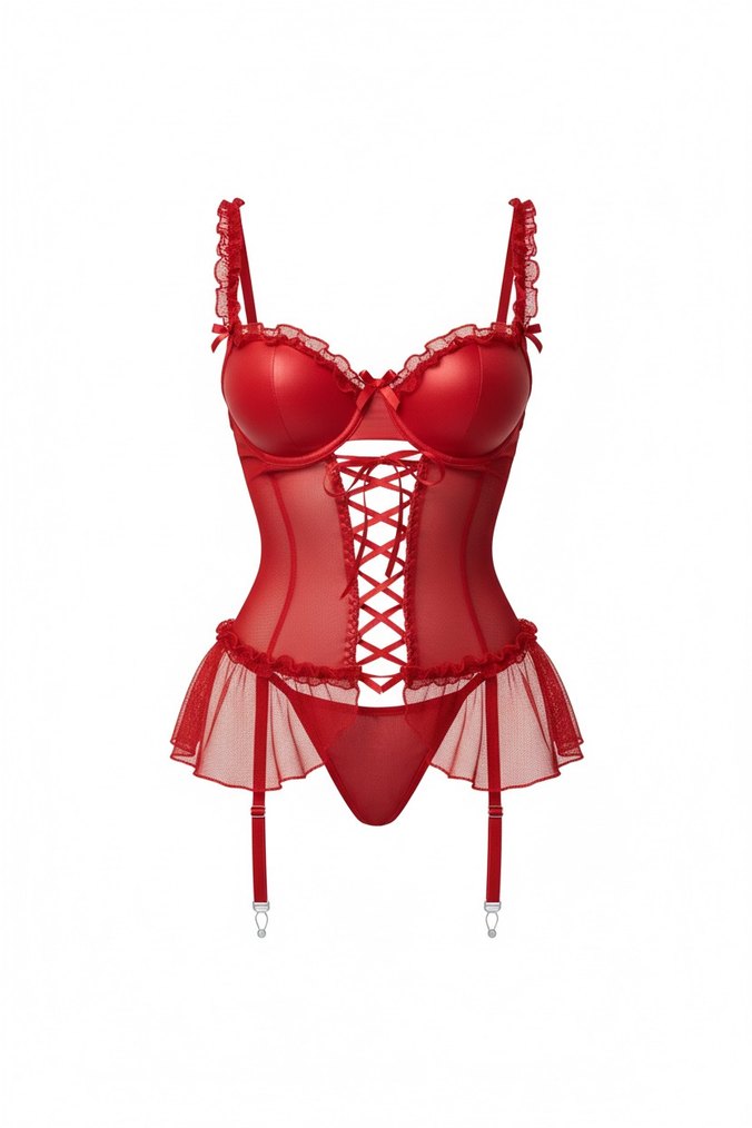 Kırmızı Dantel İşlemeli Deri Straplez Büstiyer - Görsel 3