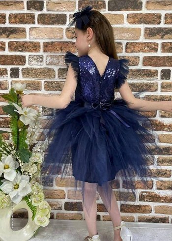 Kız Çocuk Lacivert Parlak Tül Elbise - Görsel 2