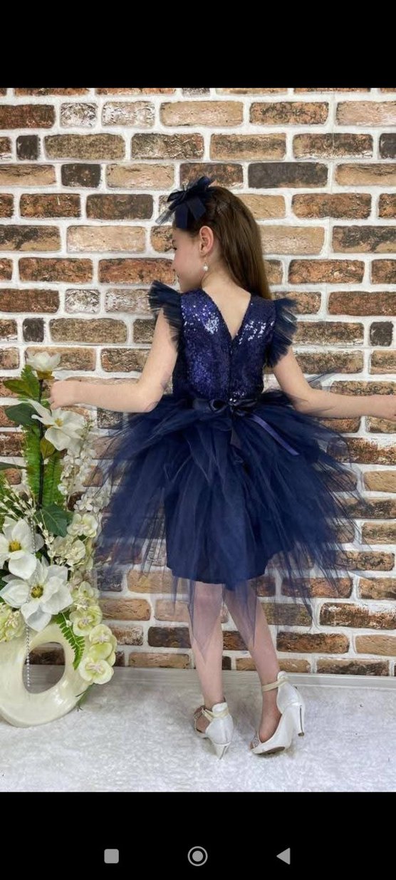 Kız Çocuk Lacivert Parlak Tül Elbise - Görsel 2