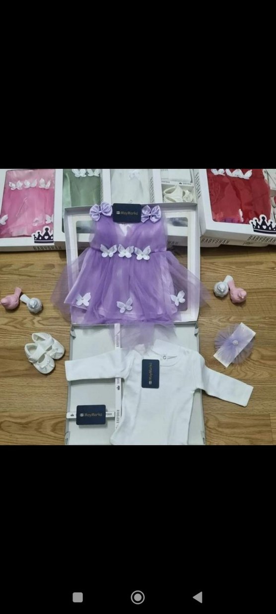 Mor Kelebek Desenli  Kız Elbise bebek mevlüt seti - Görsel 2