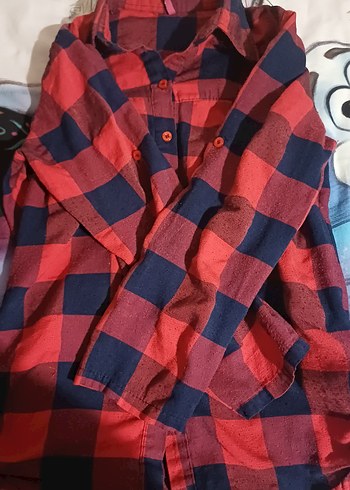 Düğmeli Kırmızı Lacivert Kareli Kadın Gömlek - Görsel 3