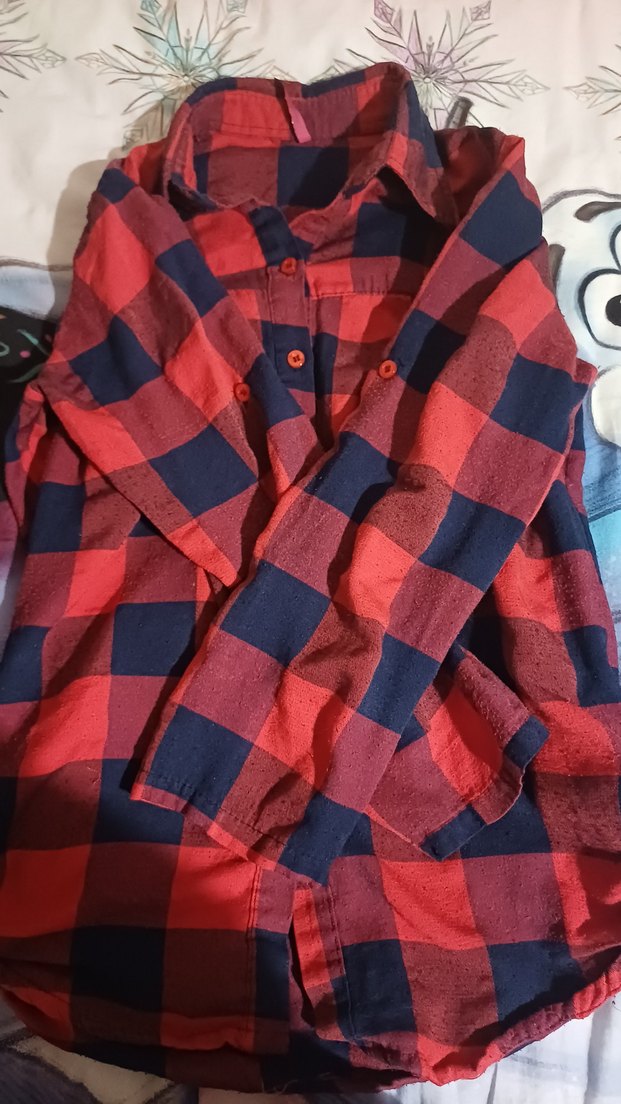 Düğmeli Kırmızı Lacivert Kareli Kadın Gömlek - Görsel 3