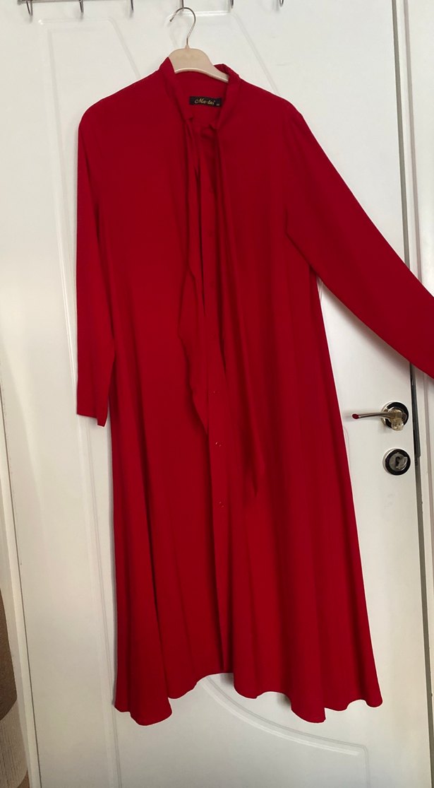 Kırmızı Kadın Uzun Kollu Salaş Uzun Elbise - Görsel 2