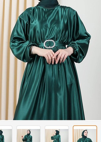 Kemerli Uzun Parlak Yeşil Kadın Elbise - Görsel 3