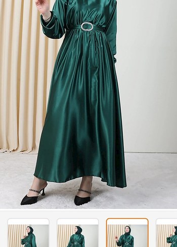 Kemerli Uzun Parlak Yeşil Kadın Elbise - Görsel 2