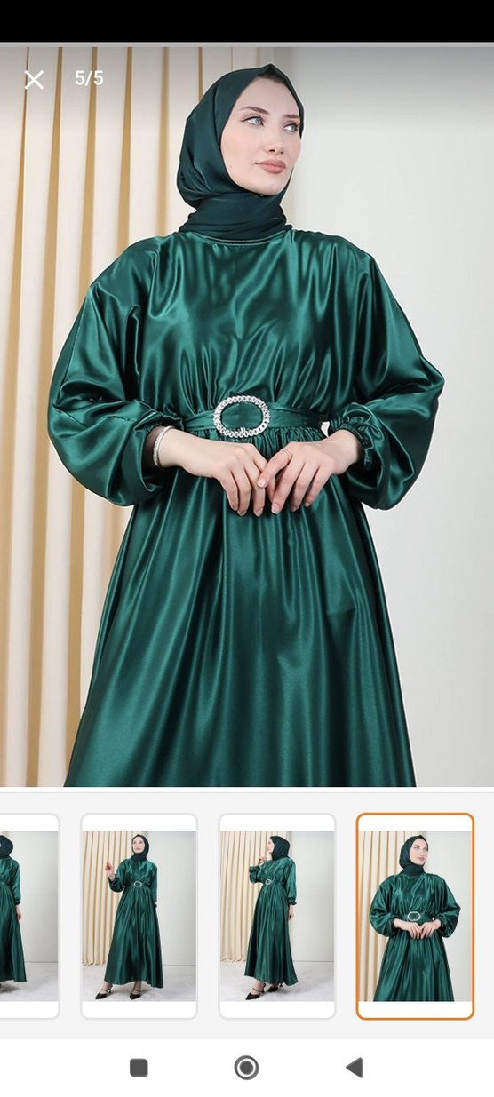 Kemerli Uzun Parlak Yeşil Kadın Elbise - Görsel 3