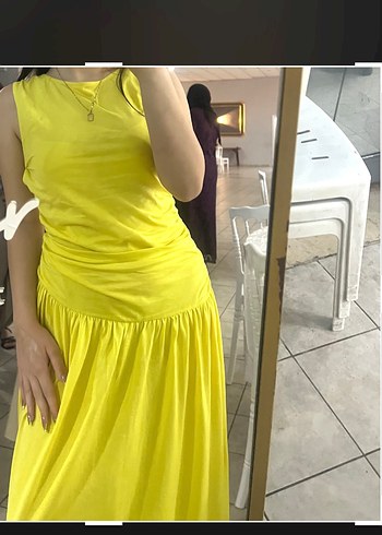 Zara Canli Sari Uzun Elbise