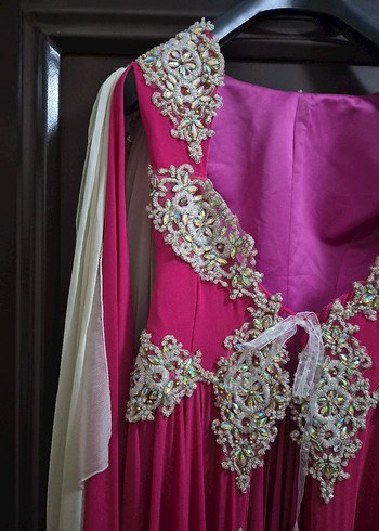 Uzun Kollu Pembe Drapeli Abiye Elbise kaftan - Görsel 2